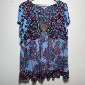 One World Women Top 3X Blue Paisley V-Neck Short Sleeve Artsy Velvet Embroidered